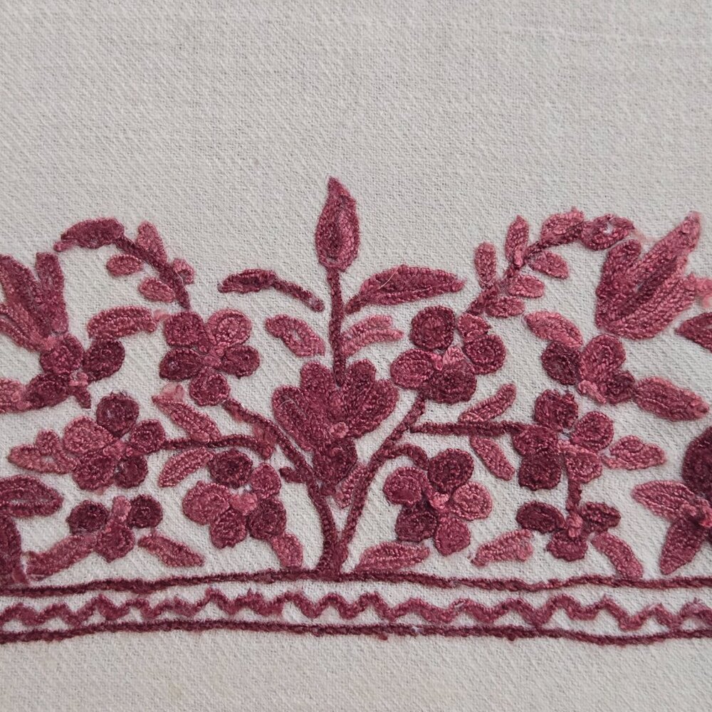 Woven Wool Scarf with Burgundy Pink Purple Embroidered Flowers and Unique Hem - Picture 3 of 11